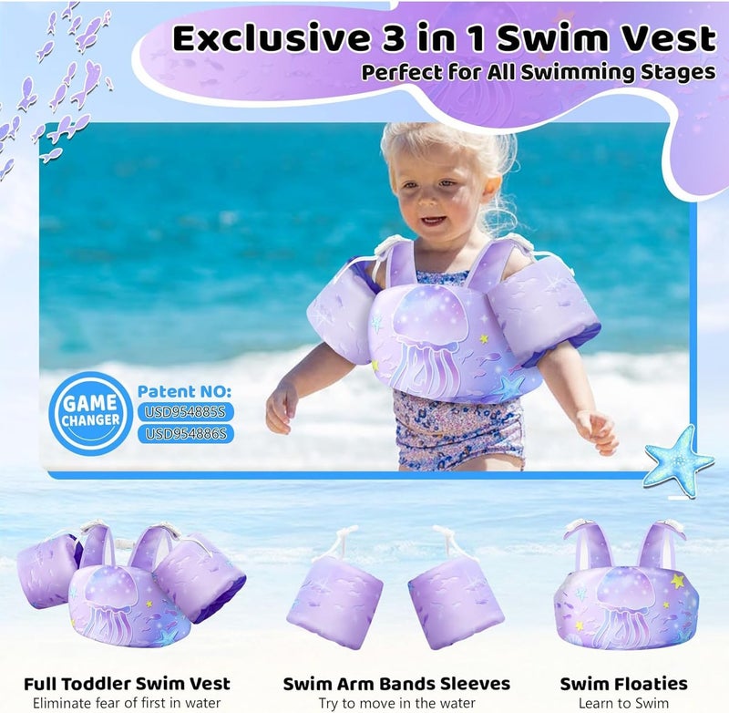 Vvinca Separable Toddler Swim Vest Fit 22-66 Lbs（2-6 Years）| 3 in 1 Toddler Floaties Pool Float & Arm Bands Boys and Girls, Adjustable Sturdy Safety for 2 3 4 5 6 Year - Image 2